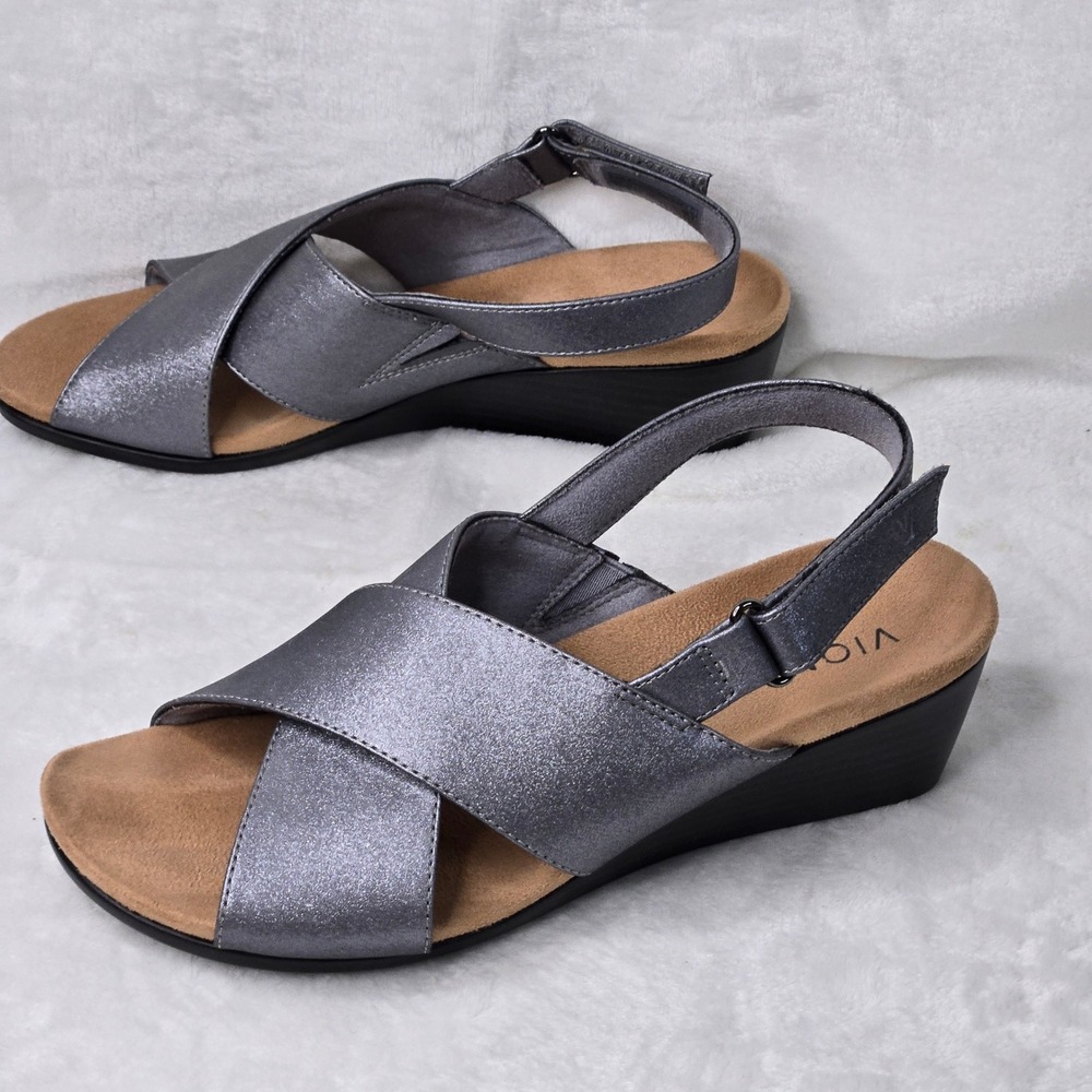 Vionic McKenna Metallic Silver Grey Cross Strap Wedge Sandals Womens 7.5